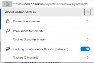 Extended Validation SSL security indicator displayed in the Microsoft Edge browser address bar for Indian Bank Internet Banking website